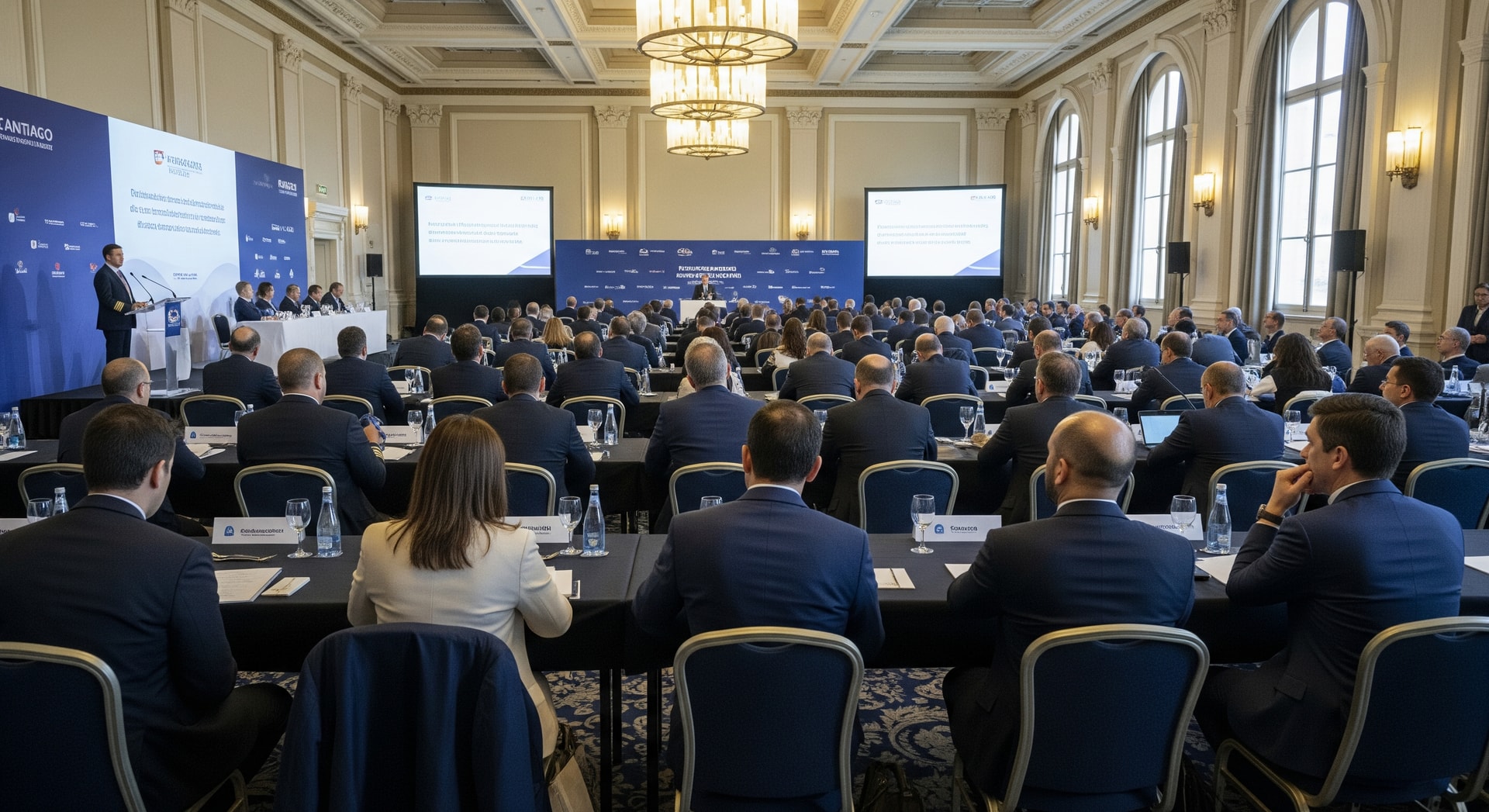 Conference hall with aviation delegates at an international aviation event in Santiago, Chile
