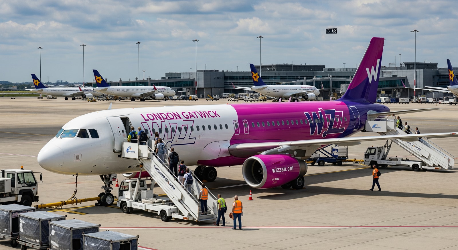 Wizz Air aircraft on an airport apron, illustrating low-cost airline service between London Gatwick and Santorini