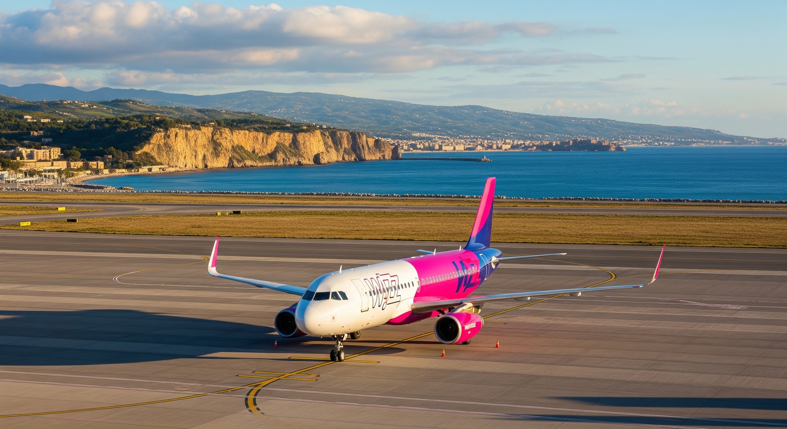 Wizz Air aircraft at Palermo Falcone-Borsellino Airport with Sicily coastline in view, showing Wizz Air Palermo flights connectivity